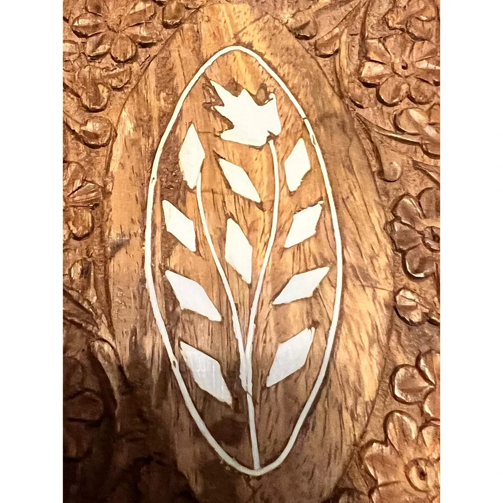 Vintage Hand Carved Wood Trinket Box India Inlaid Leaf Floral Jewelry Box 6x4